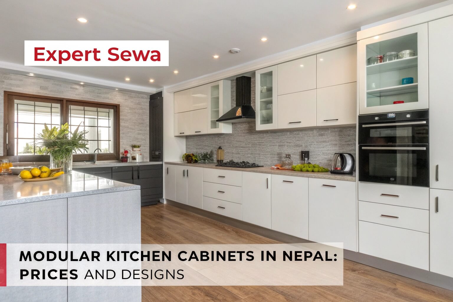 "A vibrant modular kitchen with bold orange cabinets, patterned backsplash tiles, and hanging indoor plants for a lively and modern look."